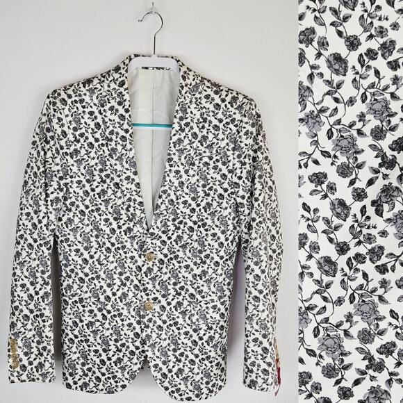 J. Ferrar Men’s 36S Slim Fit Floral Blazer White Gray Modern Statement Jacket - Picture 1 of 13